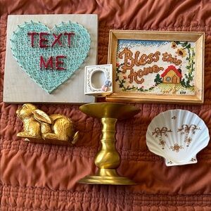 6 pieces of home decor sold as set 
Brass candle holder has lots of flaws